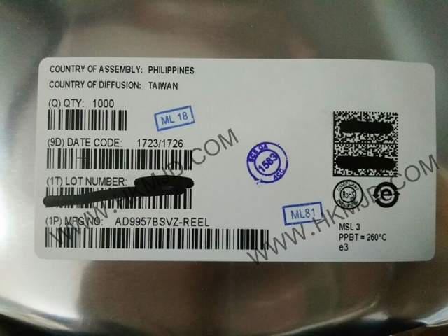 ADI AD9957BSVZ 1 GSPS正交數(shù)字升頻器，帶18位I/Q數(shù)據(jù)通道和14位DAC